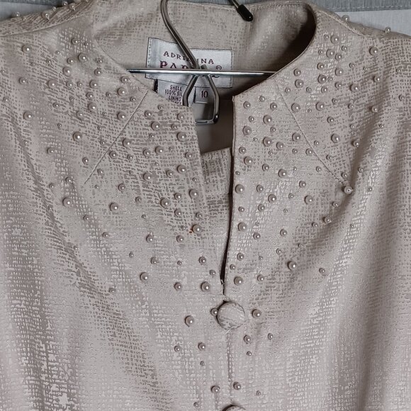Adrianna Papell Skirt Suit Silk 2pc Womens 10 Beige/Silver Faux Pearl Beaded - Picture 3 of 16